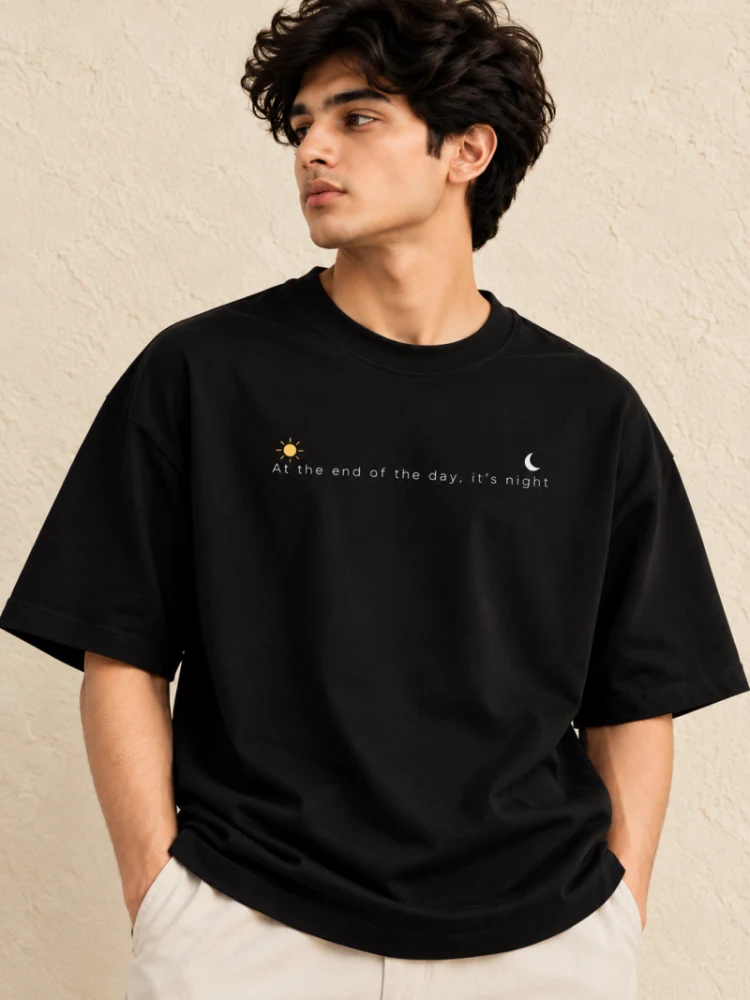 Sun & Moon Oversized Black T-Shirt for Men – "At the End of the Day, It's Night"