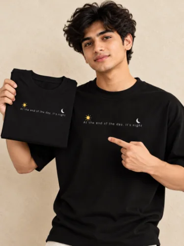 Sun & Moon Oversized Black T-Shirt for Men – "At the End of the Day, It's Night"