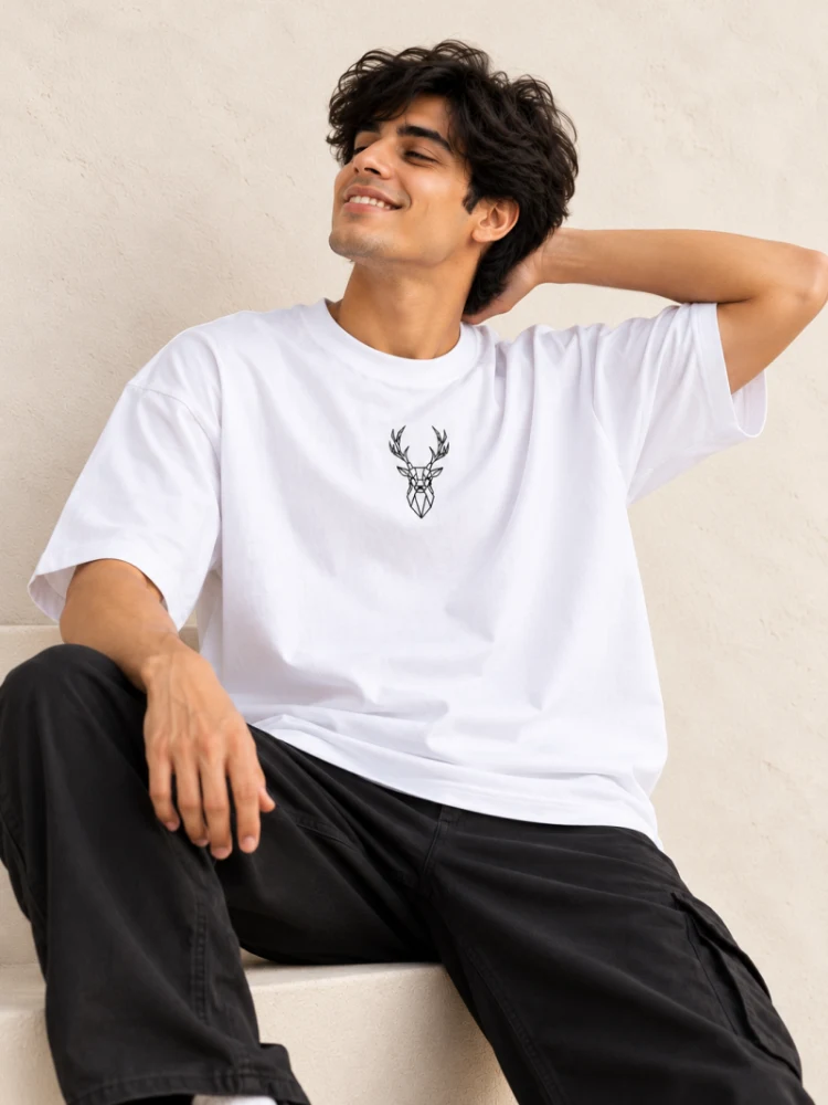 Geometric Stag Oversized White T-Shirt | 100% Cotton 220 GSM