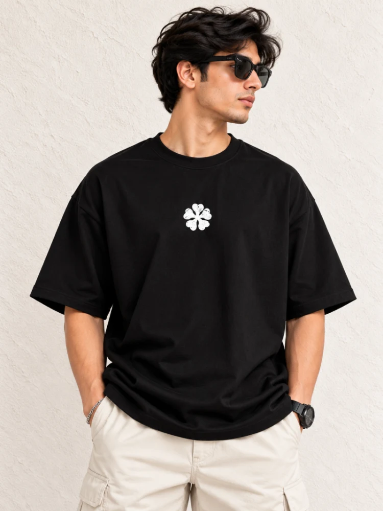 Five Leaf Clover Oversized Black T-Shirt | 100% Cotton 220 GSM