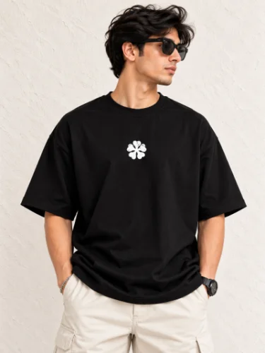 Five Leaf Clover Oversized Black T-Shirt | 100% Cotton 220 GSM