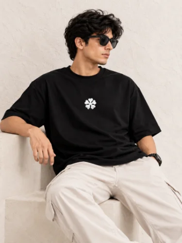 Five Leaf Clover Oversized Black T-Shirt | 100% Cotton 220 GSM
